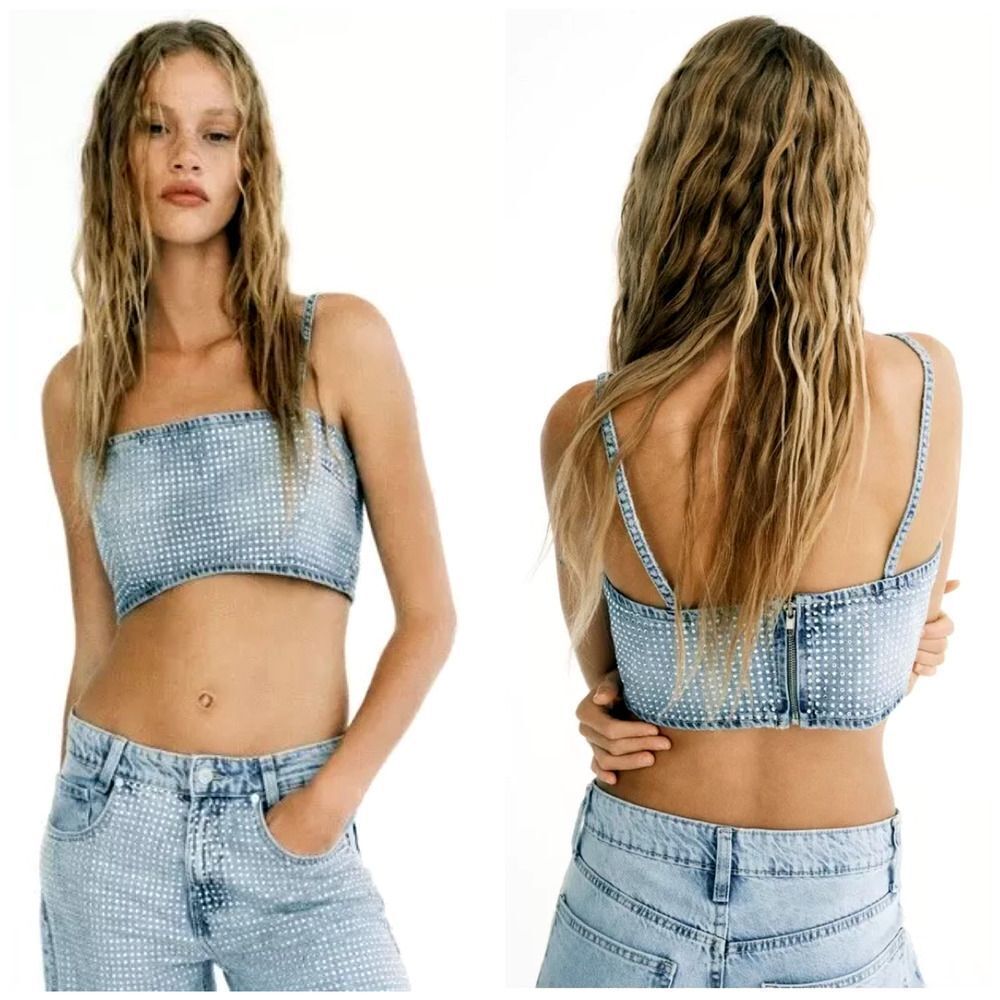 Zara Denim Crop Top Womens Large Rhinestones Bling Festival Glam Punk Rock Party